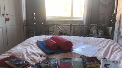 picture of bed with towels folded on top and numbers of brochures and booklets about area attractions spread out on the bed.